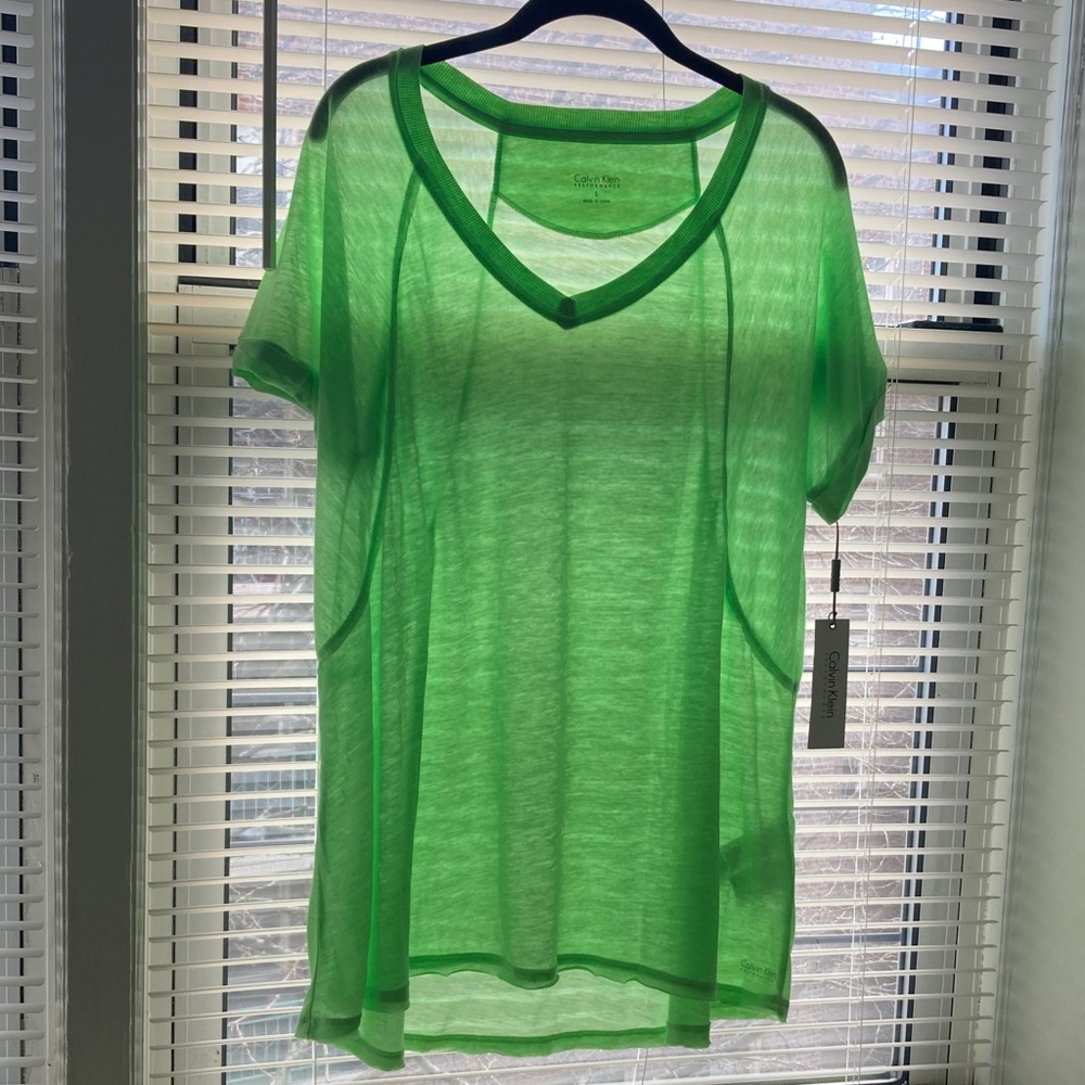 Calvin Klein Lightweight Sheer V-Neck Tee in Neon Green